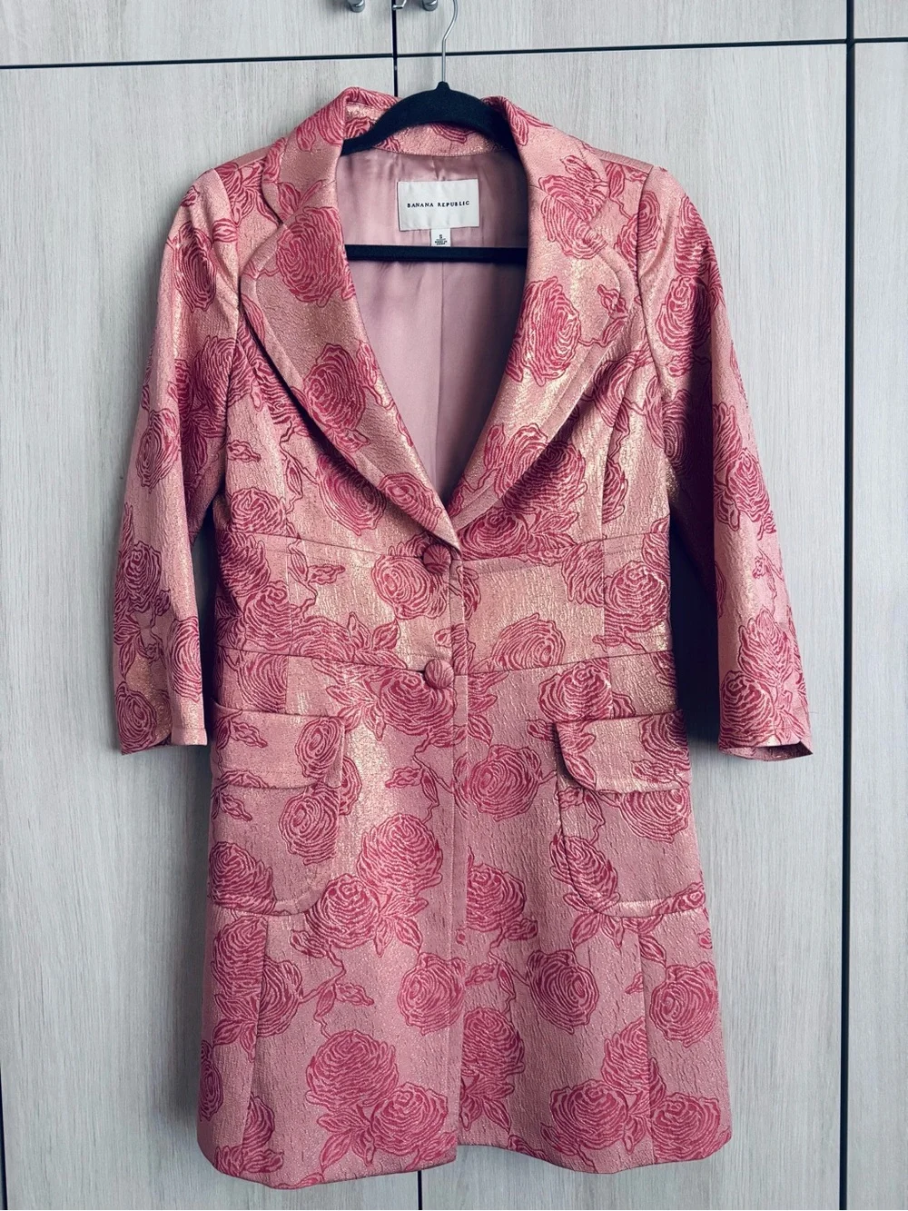Banana Republic Rose-Patterned Pink Jacquard Blazer Coat Silk Sz S